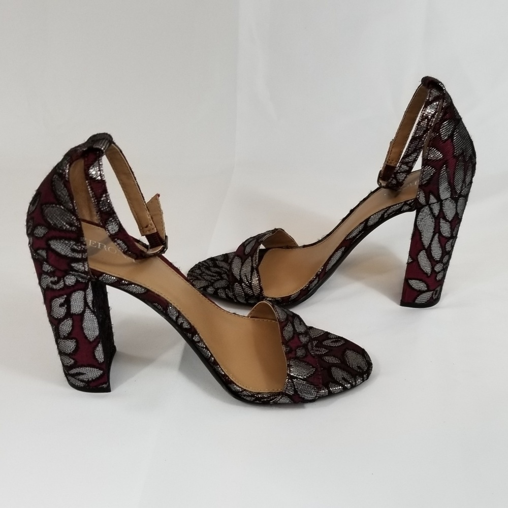 Merona Womens Ankle Strap Maroon Siver Block Heels